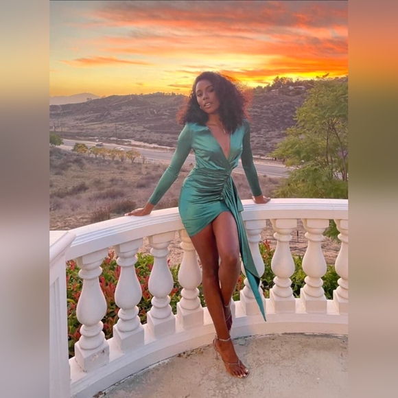 LOVE&LEMONADE Plunging Neck Ruched Draped Satin Bodycon Dress - Picture 8 of 17